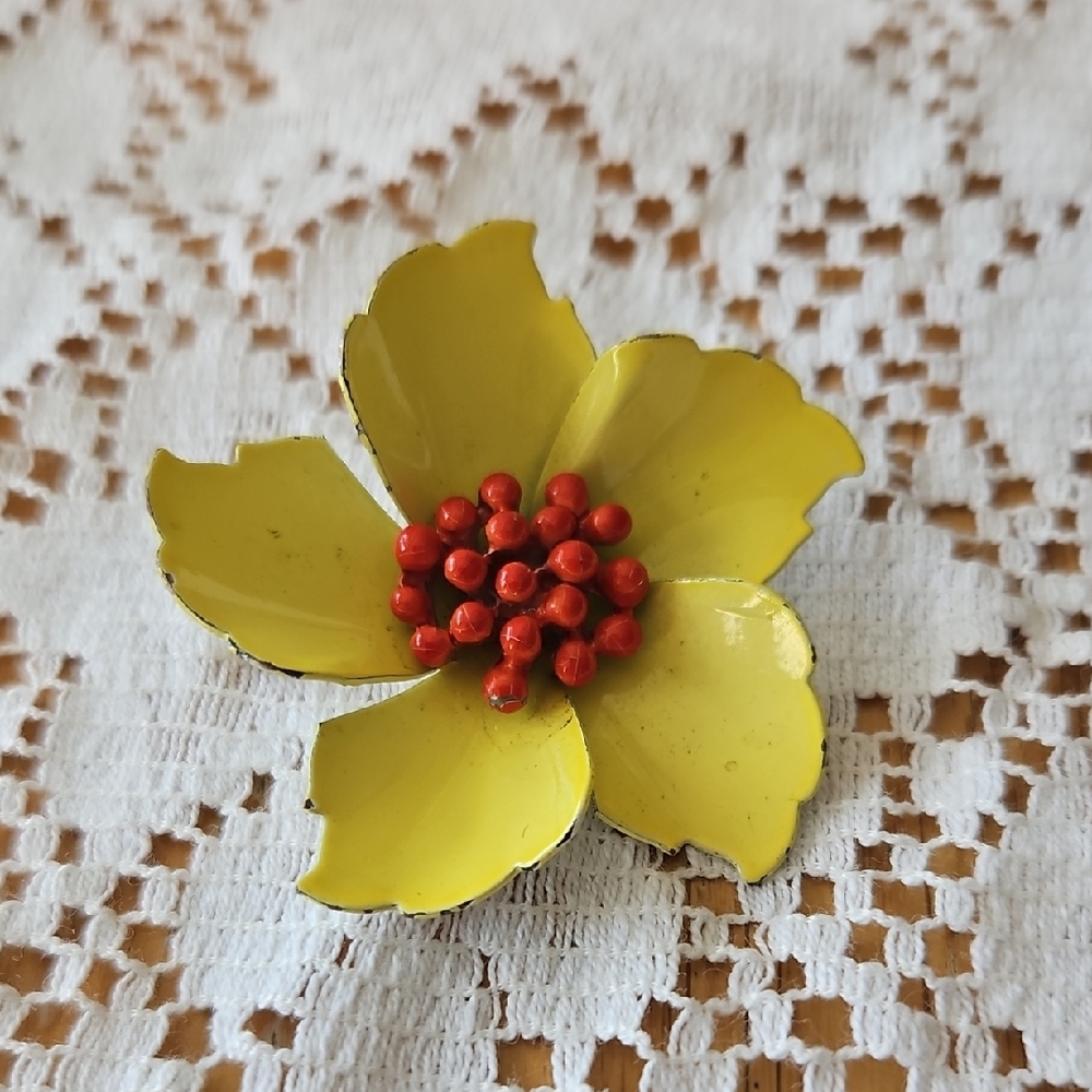 Vintage Yellow Flower Brooch with Red Accents